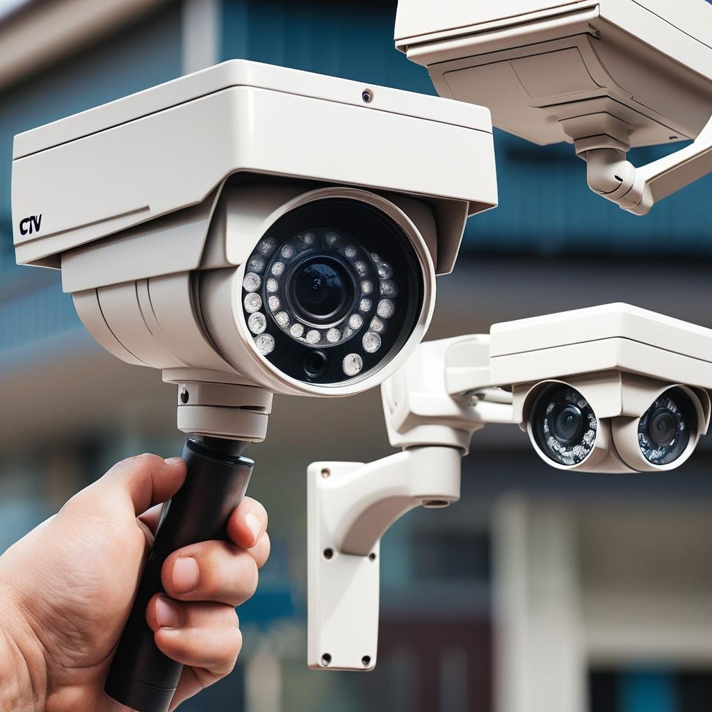 Image of Three CCTV Cameras, one camera is holding in the hand